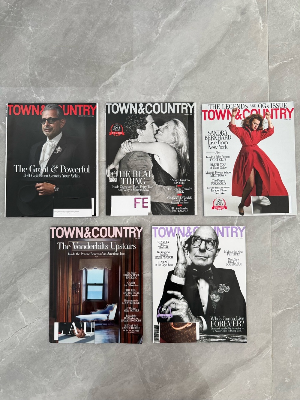 Town & Country 5 Magazine Bundle Jeff Goldblum, Sandra Bernhard, Vanderbilts